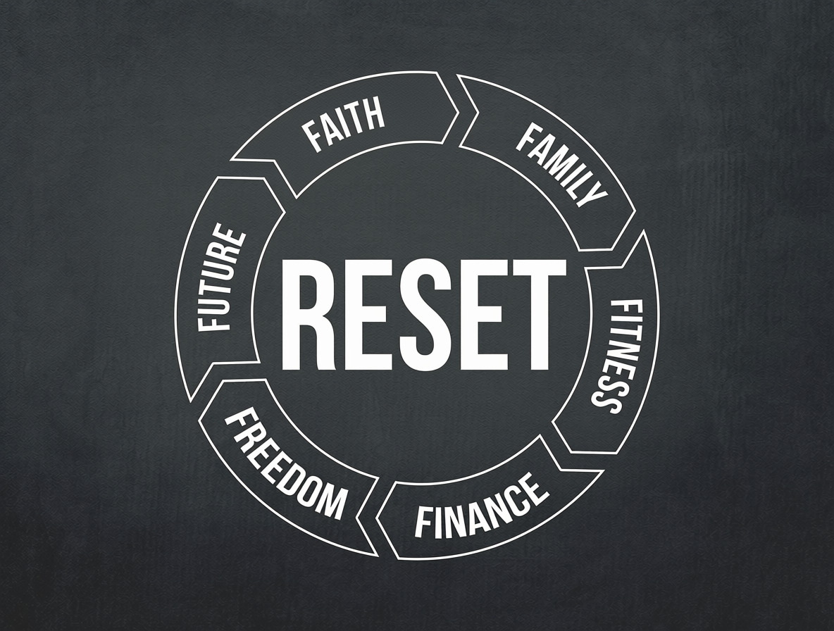RESET wheel: Faith, Family, Fitness, Finance, Freedom, Future